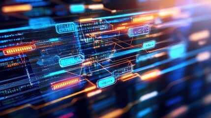 Poster - Futuristic Digital Data Flow with Bright Neon Circuitry and Connections