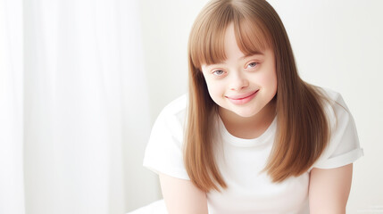 portrait of smiling laughing teenage girl with down syndrome white background.