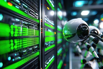 Poster - Futuristic Robot Monitoring Data in High-Tech Server Room
