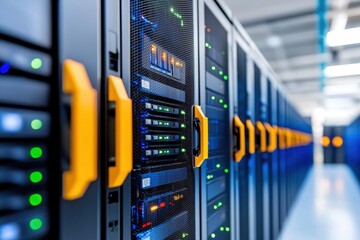 Poster - Modern Data Center with Server Racks and Illuminated Network Devices