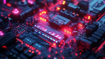 Poster - Close-up of illuminated circuit board with red and blue LEDs.