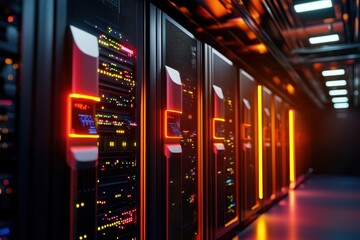 Poster - Modern Data Center with Colorful Server Racks and Neon Lights