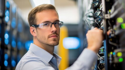 Poster - Technician in Glasses Working on Server Rack in Data Center