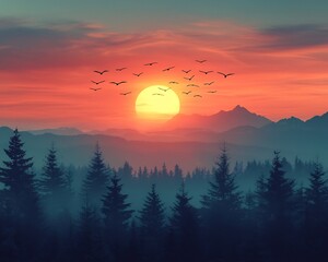 Wall Mural - Flock of Migrating Birds Crossing Vibrant Sunset Sky over Mountain Landscape