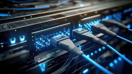 Poster - Close-up of High-Tech Server Connections and Glowing Cables