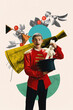 © master1305 - Young circus magician in red coat pulls rabbit from top hat, surrounded by playful retro elements and abstract shapes. Contemporary art collage. Concept of retro circus, performance, fantasy