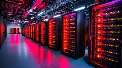 Poster - High-Tech Data Center with Rows of Servers and Colorful Lighting