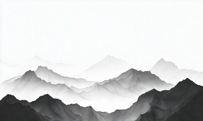 Poster - Monochrome mountain landscape with layered peaks and valleys, soft gradients, serene atmosphere