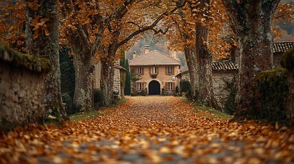 Wall Mural - Tranquil Autumn Path Through a Colorful Tree Lined Street