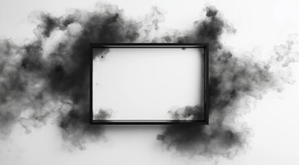 Wall Mural - A rectangular black frame on a white background, surrounded by black  smoke. Background with place for text