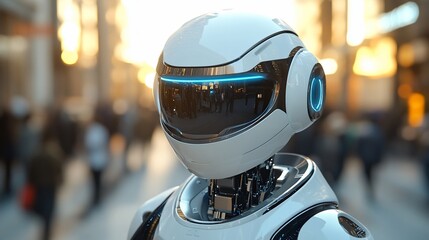 Poster - Futuristic robot head close-up in city.