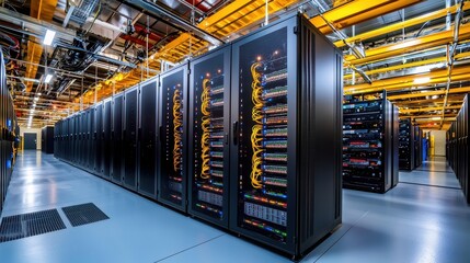 Poster - High-Tech Data Center with Rows of Server Racks and Cables