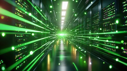 Poster - Futuristic Data Center with Vibrant Green Light Rays and Technology