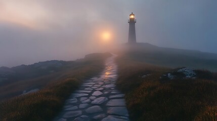 Wall Mural - Lighted Lighthouse Path Through Misty Hilltop