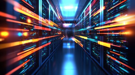 Poster - Abstract Data Center with Blurred Lights and Server Racks