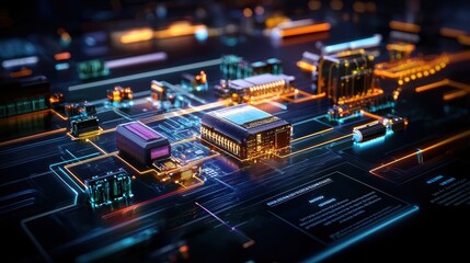 Poster - Futuristic Digital Circuit Board with Glowing Components and Lights