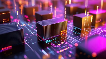 Poster - Abstract Colorful Circuit Board with Microchips and Digital Elements