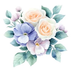 Sticker - Watercolor Painting of a Delicate Floral Bouquet with Roses and Pansies.