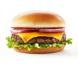 © Mark - High-quality close-up of a classic cheeseburger with a juicy beef patty, melted cheese, pickles, red onion, ketchup, and a soft bun on a white background.