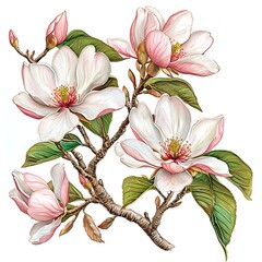 Canvas Print - Exquisite Botanical Illustration of Magnolia Blossoms in Full Bloom.