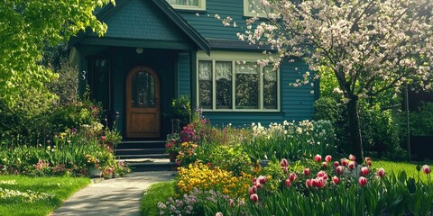 Aufkleber - House with a front garden full of blooming spring flowers and greenery 
