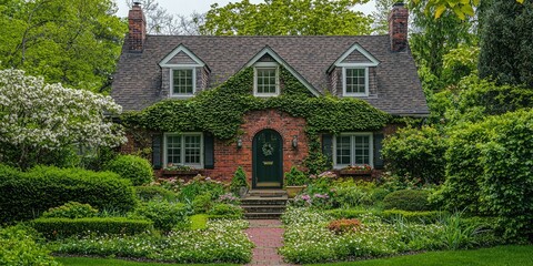 Aufkleber - House with a front garden full of blooming spring flowers and greenery 