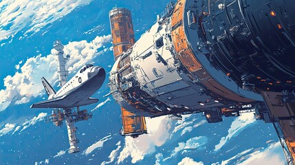 Wall Mural - spacecraft rendezvous near a large space station orbiting earth