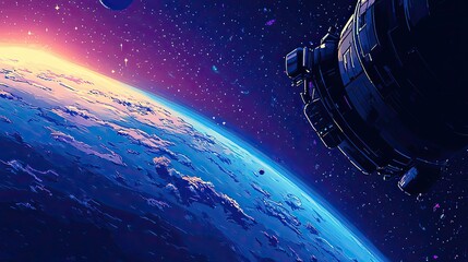 Wall Mural - spacecraft orbiting earth during sunrise in space