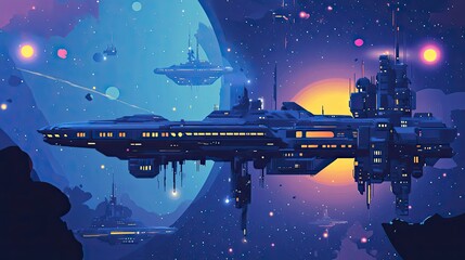 Wall Mural - futuristic spaceships soar through a starry cosmos
