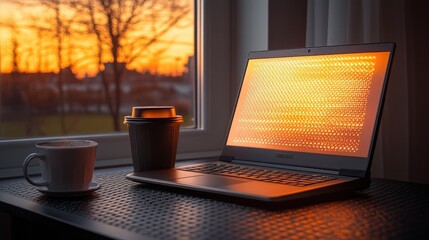 Poster - Laptop Coffee Sunset Window Cozy Workspace Evening