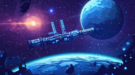 Wall Mural - space station orbiting planets in a starry galaxy