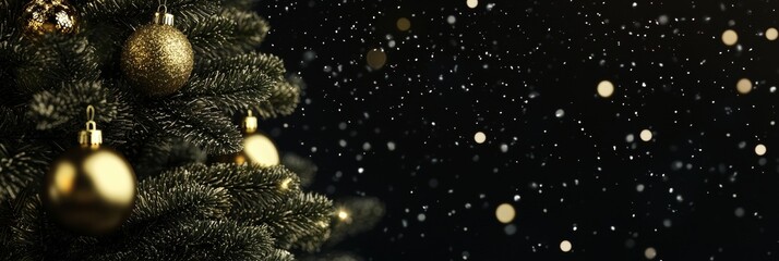 Poster - Golden christmas baubles hanging on a christmas tree with soft snowflakes falling in the background create a magical and festive atmosphere