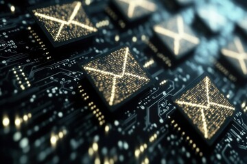 Poster - Close-up view illuminated microprocessor chips circuit board, representing technology innovation computing.