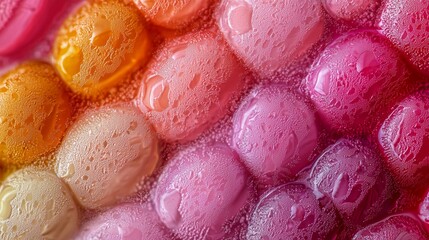 Poster - Vibrant gradient of colorful spheres with water droplets forming an abstract pattern, showcasing a mesmerizing texture and visual appeal
