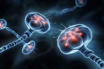 Poster - Detailed Close-Up of Neurons with Synapses Highlighted in Vibrant Colors, Representing Complex Neural Connections and Brain Functionality in a Stunning Abstract View