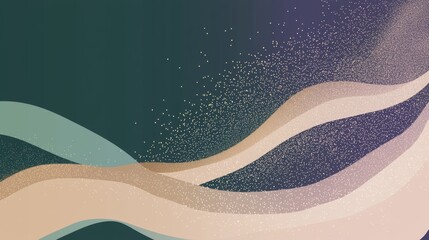 Poster - Golden particles gracefully flowing over elegant beige and light green waves, creating a luxurious and modern abstract background design