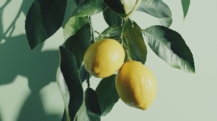 Poster - Two ripe yellow lemons hang from a leafy branch, casting soft shadows on a light green background, creating a fresh and vibrant scene