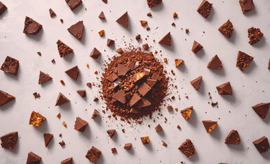 Poster - Mound of chocolate chips and broken pieces of chocolate is spread out on a white surface. The chocolate chips are scattered in various directions, with some pieces piled up in the center