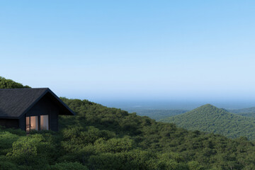 Wall Mural - A small cabin is perched on a hillside in a lush green forest