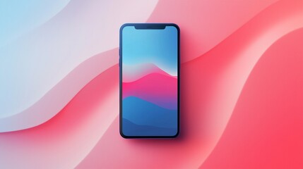 Poster - Modern smartphone displaying an abstract wallpaper with pink and blue waves, placed on a vibrant pink background with a wavy pattern, creating a visually appealing and trendy composition