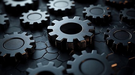 Poster - Futuristic Metallic Hexagons and Interlocking Gears Background Symbolizing Technology and Precision
