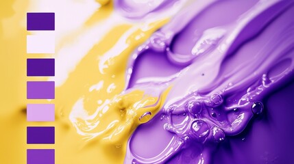 Poster - Streams of vibrant yellow and purple paint intertwine, creating a mesmerizing abstract pattern with a visible color palette featuring various shades of purple and white