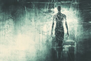 Poster - Ethereal Human Silhouette Surrounded by Abstract Light Trails in a Dreamlike Setting Representing Connection and Energy Flow for Artistic Visual Concepts