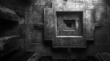 Poster - Complex Geometric Maze like Abstract Grayscale Background with Interlocking Squares and Lines
