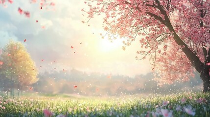 Aufkleber - Spring season landscape with flowers in bloom and gentle sunlight 