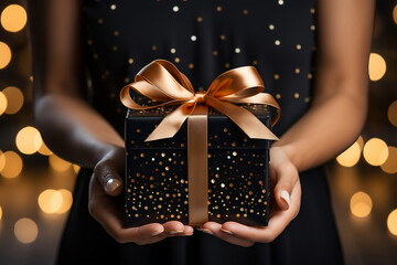 Beautiful woman holding elegant gift box with bow, glitters. New Year holidays, festive background