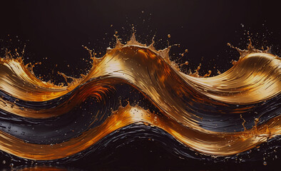 Fototapete - wave of gold and black liquid. the wave is very long and has a lot of splashes