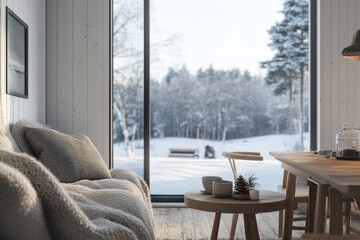 Canvas Print - Cozy Winter Cabin Living Room With Snow View