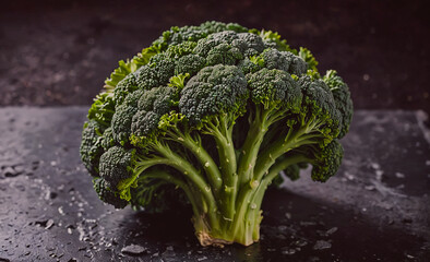Poster - Large head of broccoli is sitting on a counter. The broccoli is green and has a stem