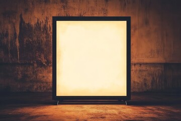 Poster - Illuminated Square Frame Against Textured Wall in Warm Tones, Perfect for Displaying Images, Artwork, or Text in Minimalistic, Modern Interiors